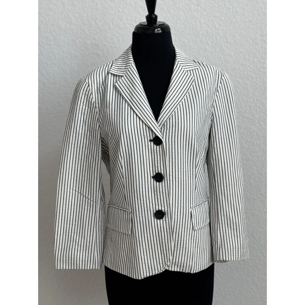 Anthropologie‎ Lafayette 148 Women's Size 6 Navy Cream Blazer Preppy Nautical